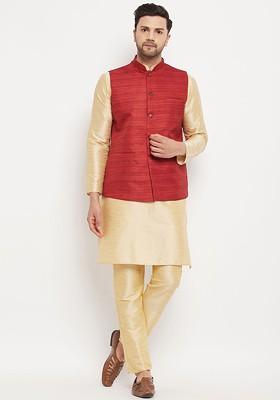 Gold Solid Poly Blend Kurta Set For Men
