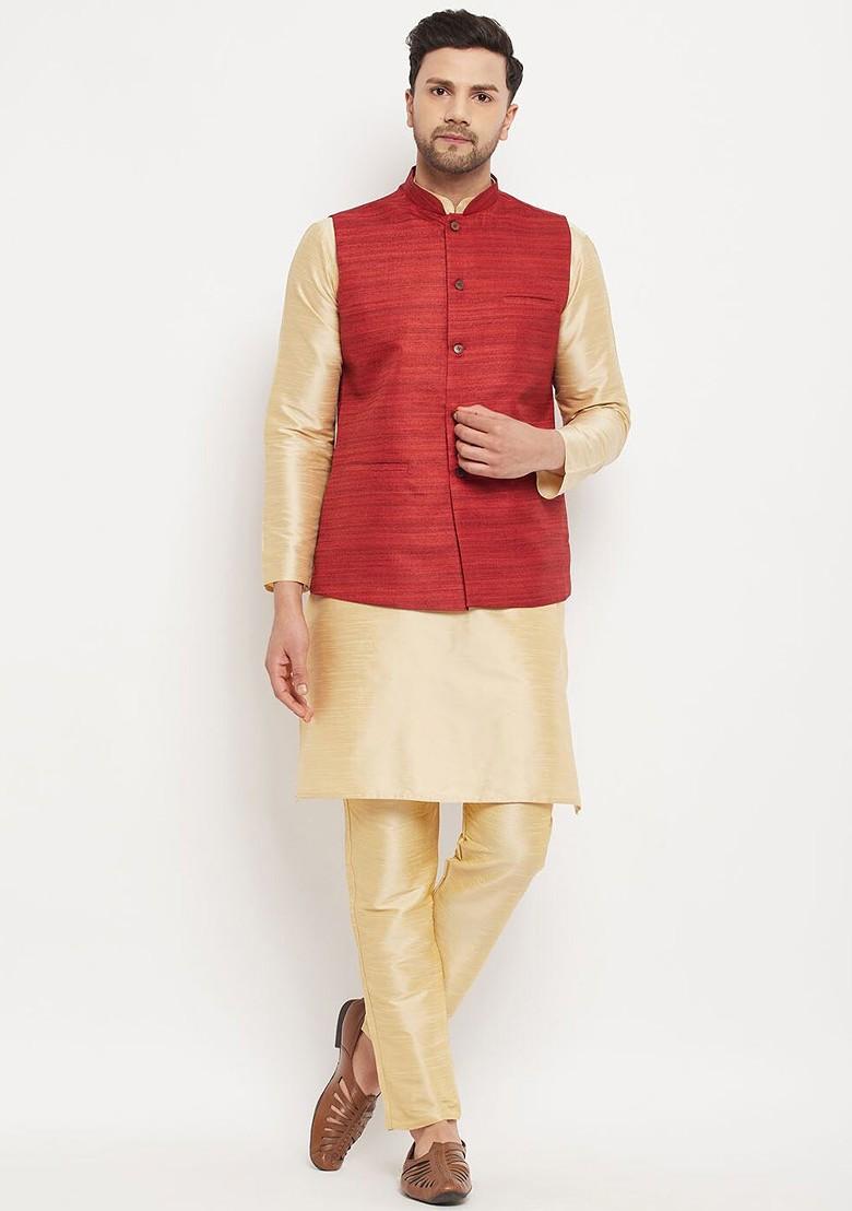 Gold Solid Poly Blend Kurta Set For Men