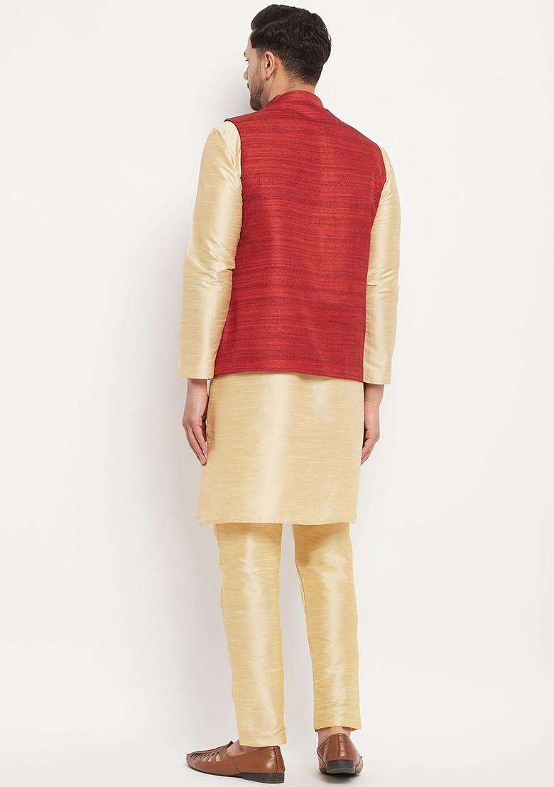 Gold Solid Poly Blend Kurta Set For Men