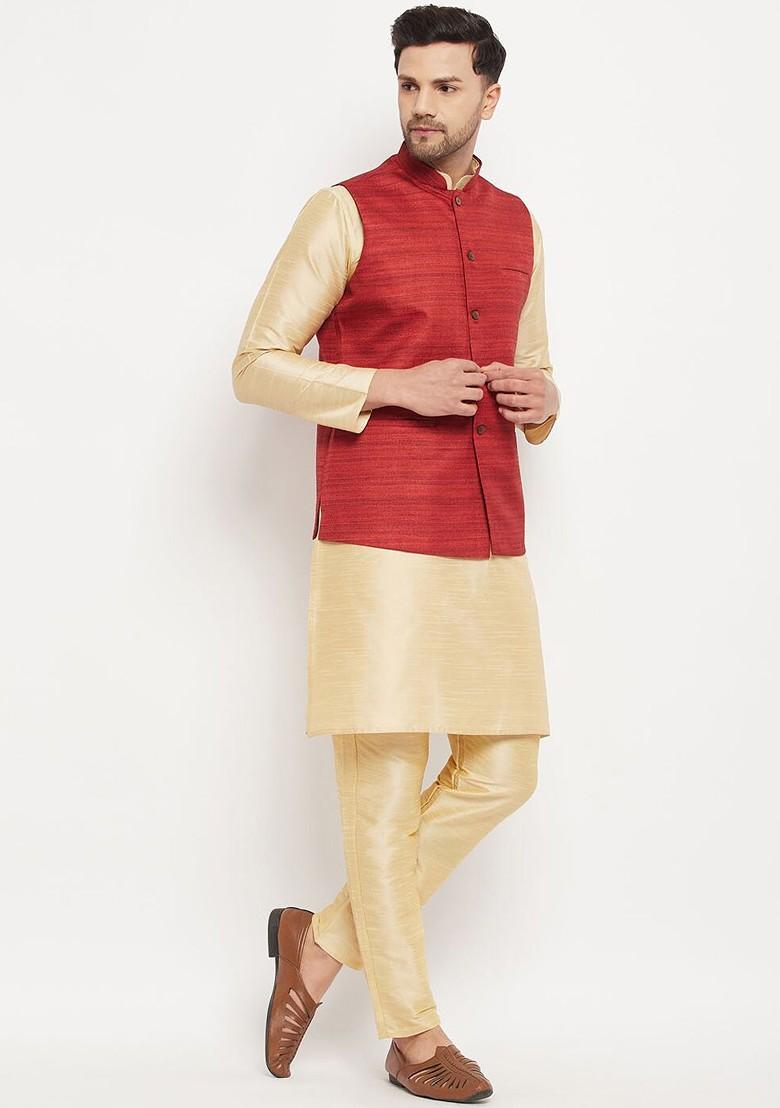 Gold Solid Poly Blend Kurta Set For Men