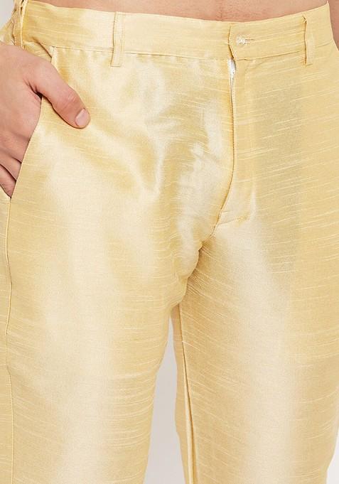 Gold Solid Poly Blend Kurta Set For Men