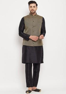 Black Woven Poly Blend Kurta Set For Men