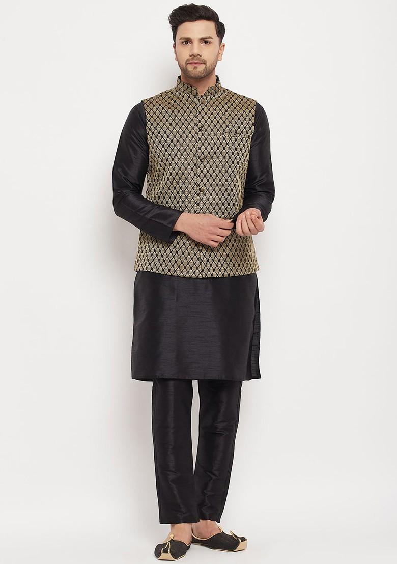 Black Woven Poly Blend Kurta Set For Men