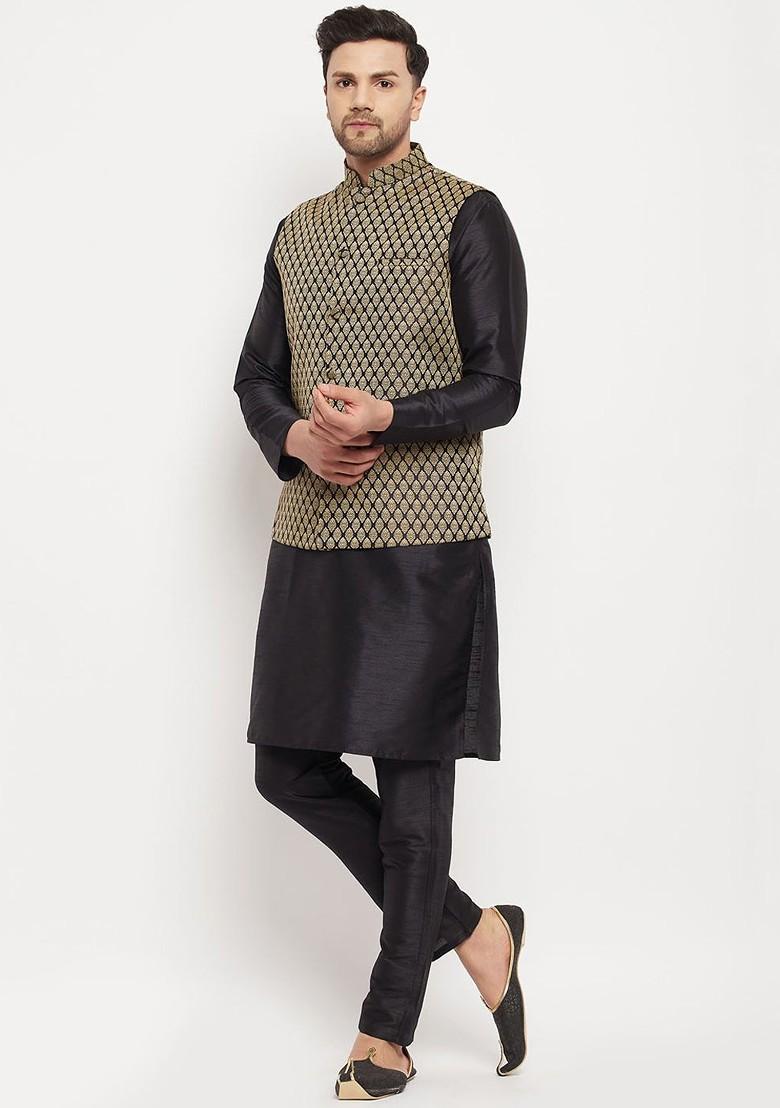 Black Woven Poly Blend Kurta Set For Men