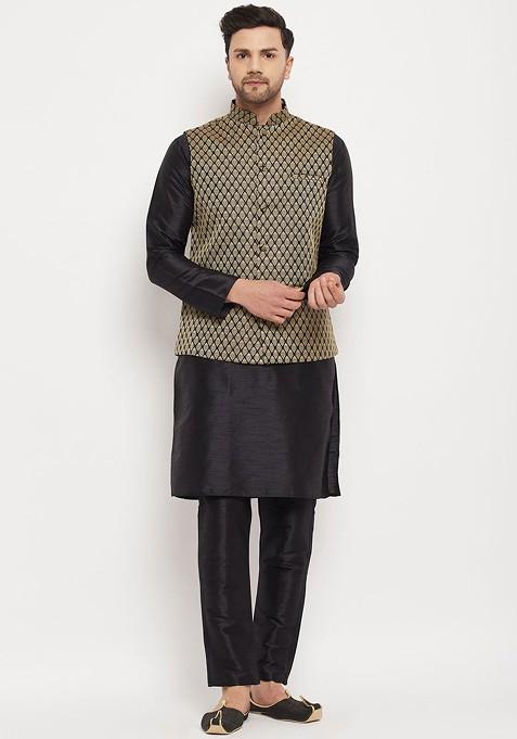 Black Woven Poly Blend Kurta Set For Men — view on Indya