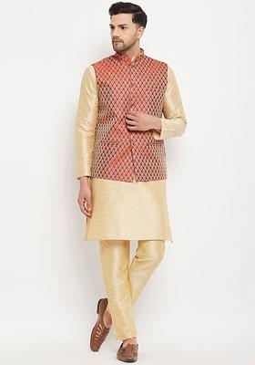 Gold Solid Poly Blend Kurta Set For Men