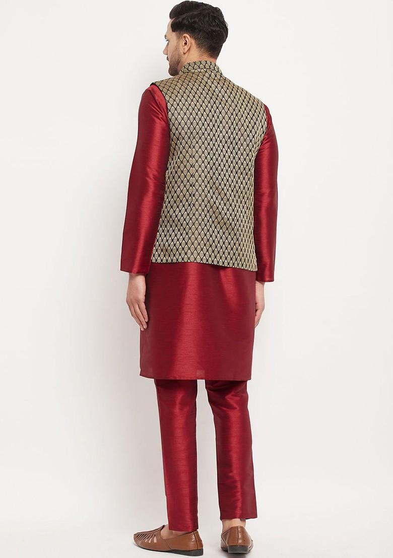 Maroon Solid Poly Blend Kurta Set For Men