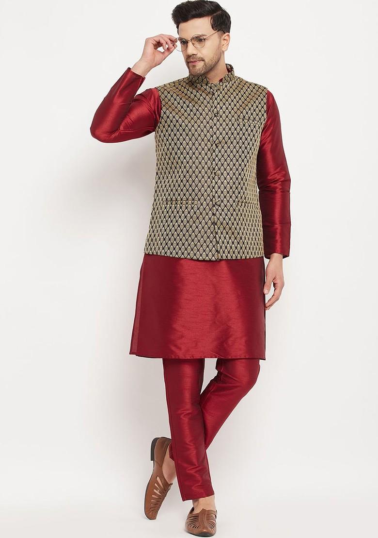 Maroon Solid Poly Blend Kurta Set For Men