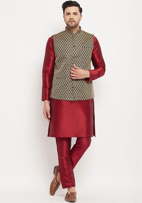 Maroon Solid Poly Blend Kurta Set For Men — view on Indya