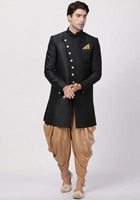 Black Embroidered Poly Blend Indowestern Sherwani Set For Men