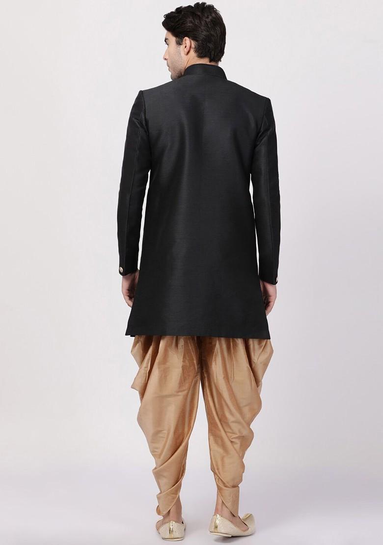 Black Embroidered Poly Blend Indowestern Sherwani Set For Men