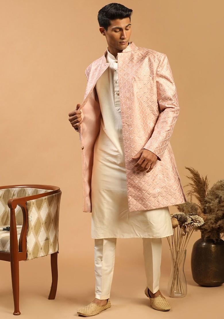 Peach Printed Poly Blend Indowestern Sherwani Set For Men