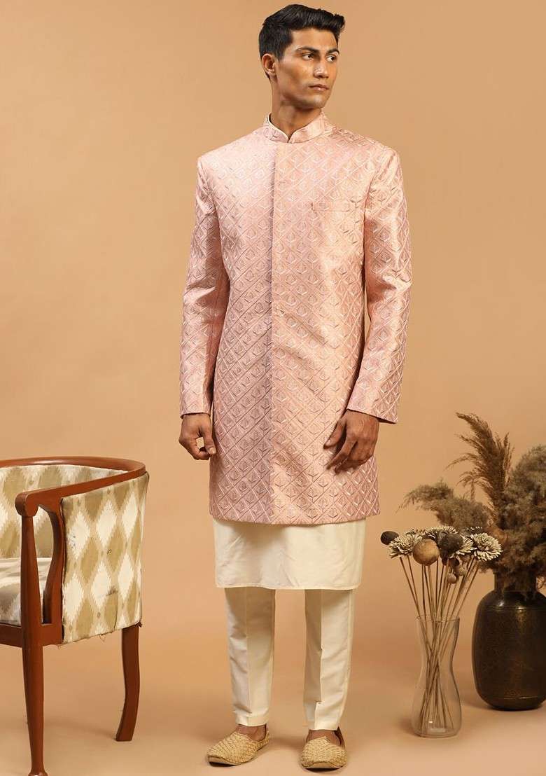 Peach Printed Poly Blend Indowestern Sherwani Set For Men - Indya