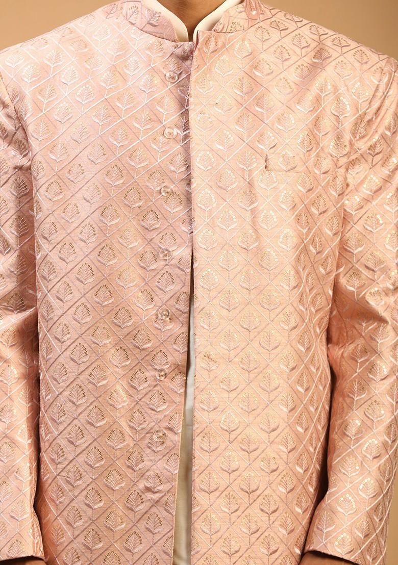 Peach Printed Poly Blend Indowestern Sherwani Set For Men