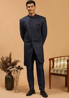 Navy Blue Embroidered Silk Indowestern Sherwani Set For Men