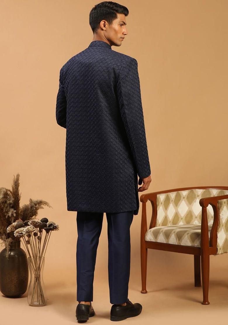 Navy Blue Embroidered Silk Indowestern Sherwani Set For Men