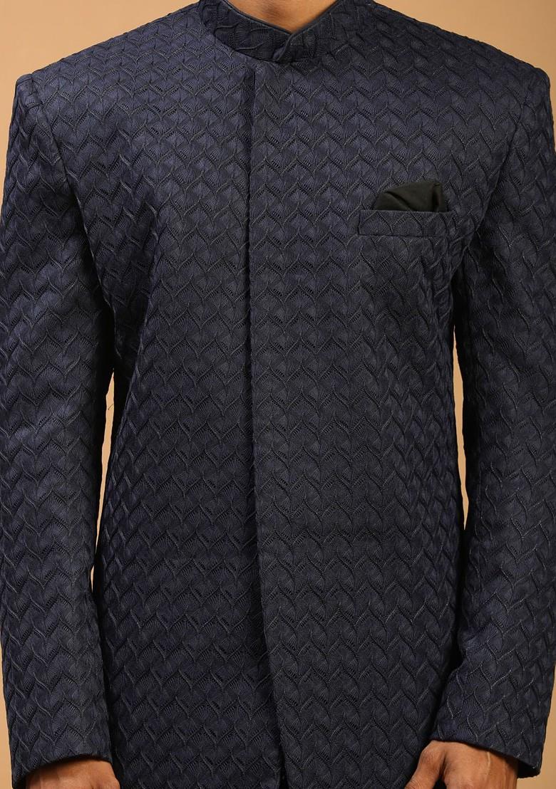 Navy Blue Embroidered Silk Indowestern Sherwani Set For Men