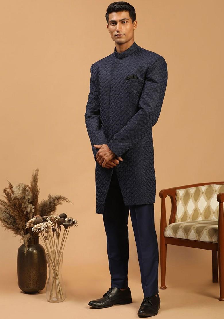 Navy Blue Embroidered Silk Indowestern Sherwani Set For Men