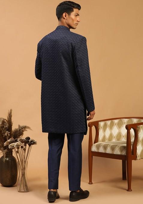 Navy Blue Embroidered Silk Indowestern Sherwani Set For Men
