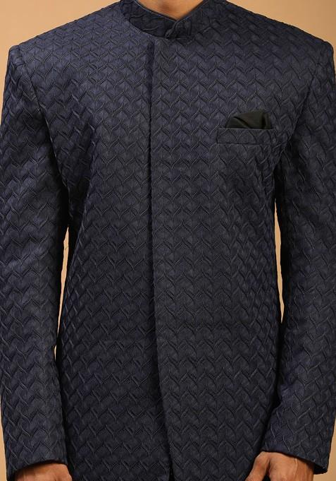Navy Blue Embroidered Silk Indowestern Sherwani Set For Men
