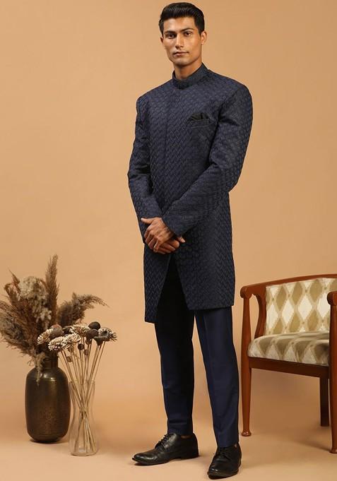 Navy Blue Embroidered Silk Indowestern Sherwani Set For Men