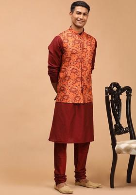 Maroon Printed Poly Blend Kurta Set For Men