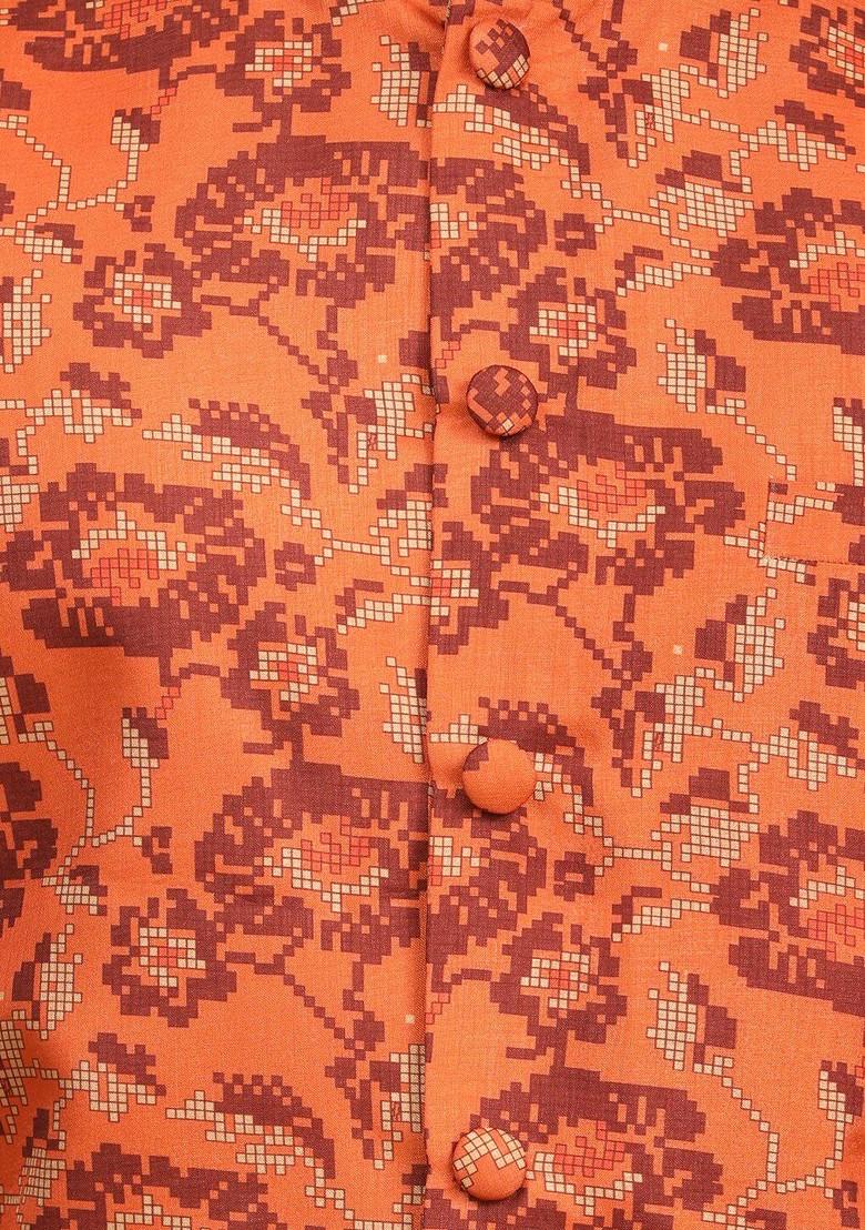 Maroon Printed Poly Blend Kurta Set For Men