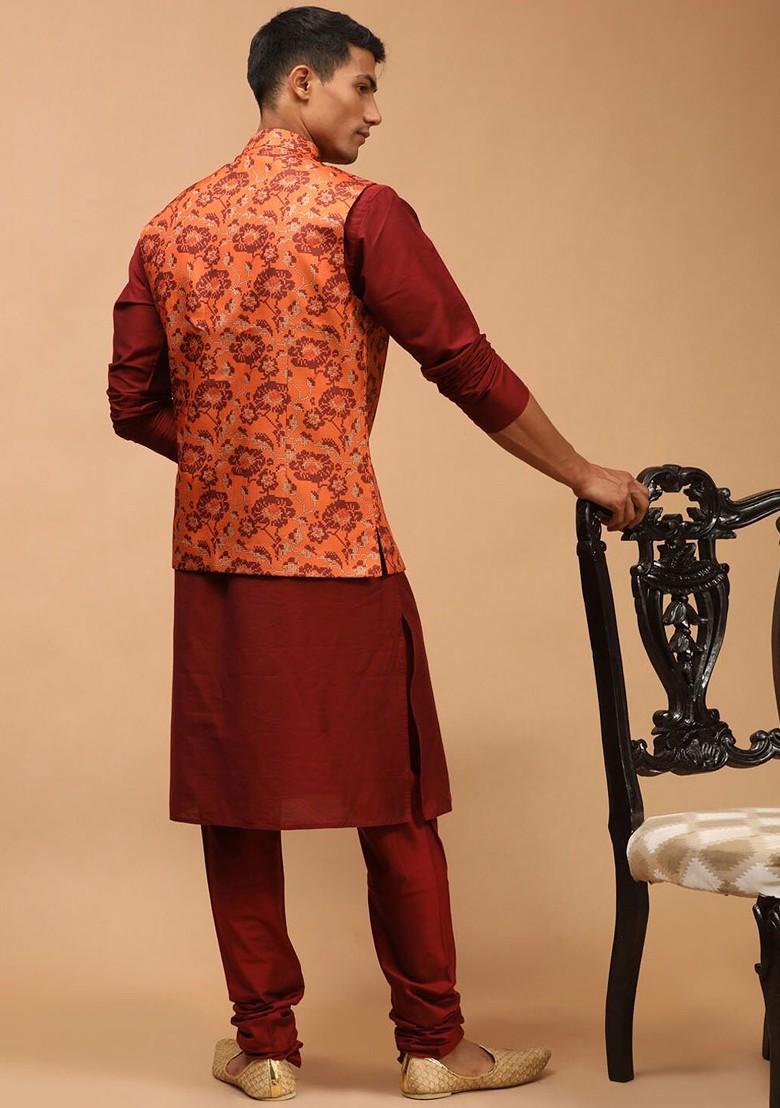 Maroon Printed Poly Blend Kurta Set For Men