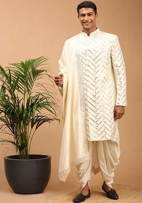 Cream Mirror Work Silk Indowestern Sherwani Set For Men