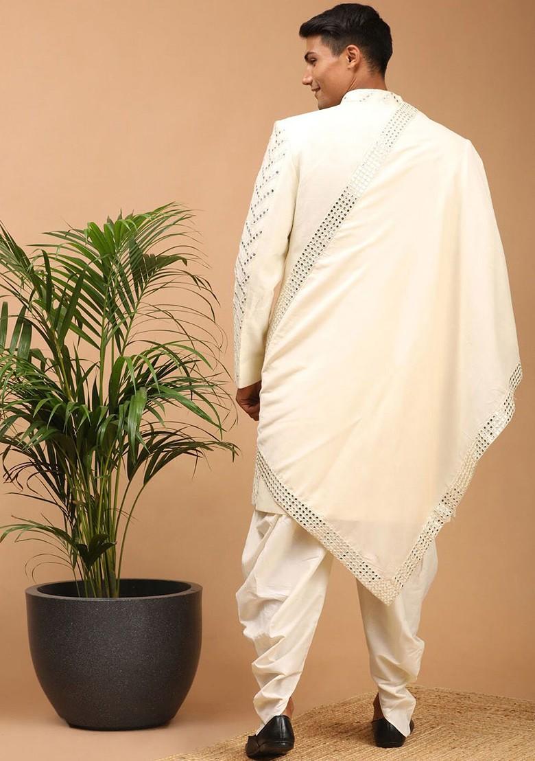 Cream Mirror Work Silk Indowestern Sherwani Set For Men