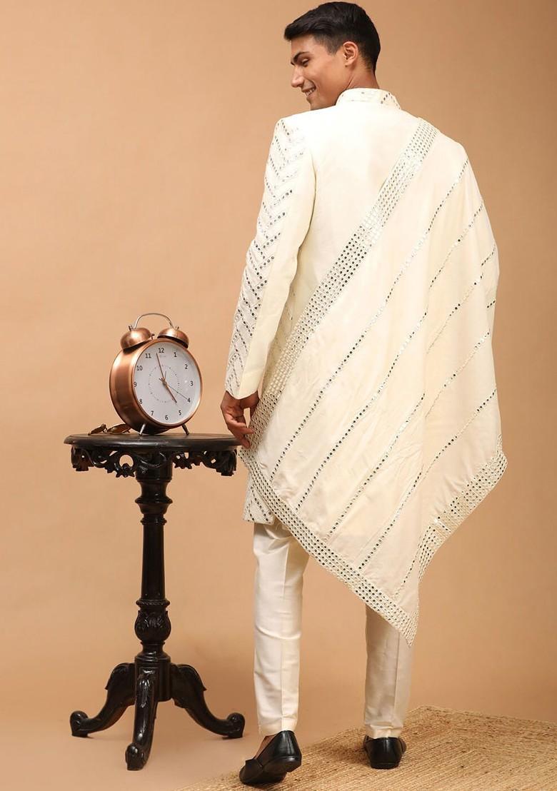 Cream Mirror Work Poly Blend Indowestern Sherwani Set For Men