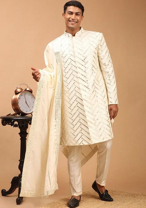 Cream Mirror Work Poly Blend Indowestern Sherwani Set For Men