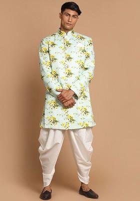 Green Floral Print Cotton Indowestern Sherwani Set For Men