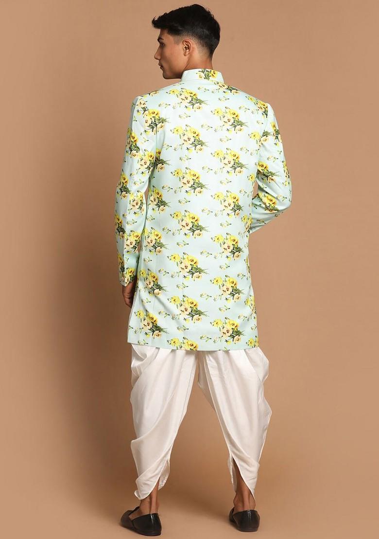 Green Floral Print Cotton Indowestern Sherwani Set For Men