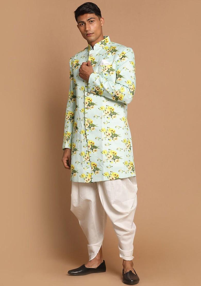 Green Floral Print Cotton Indowestern Sherwani Set For Men