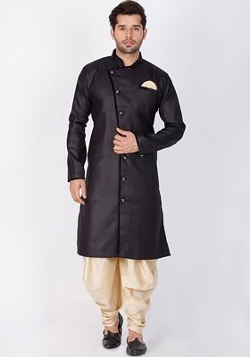 Black Solid Poly Blend Indowestern Sherwani Set For Men