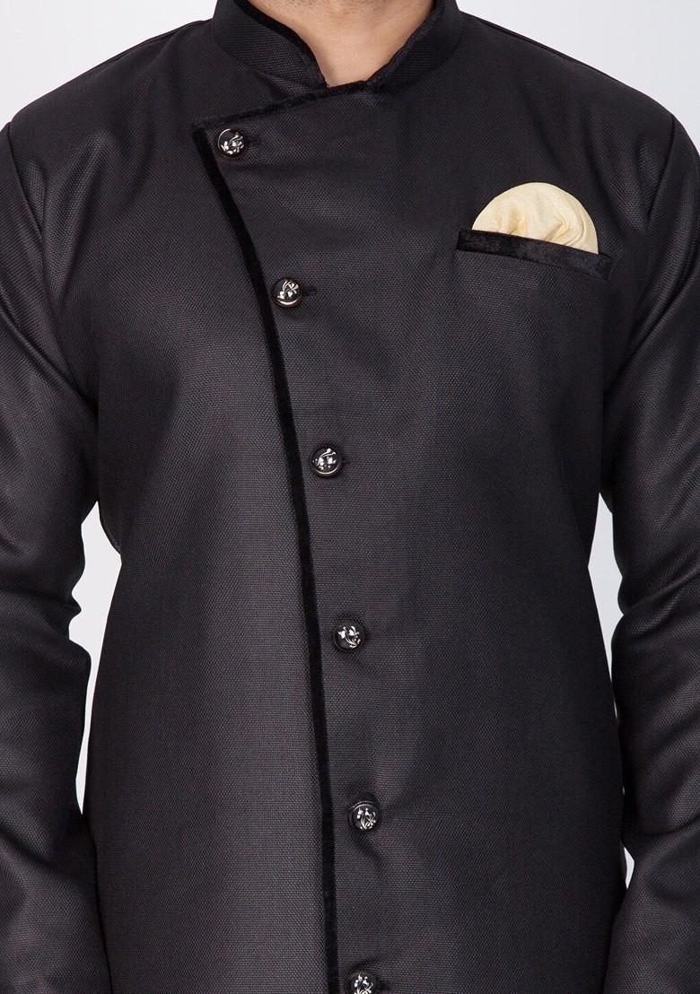 Black Solid Poly Blend Indowestern Sherwani Set For Men