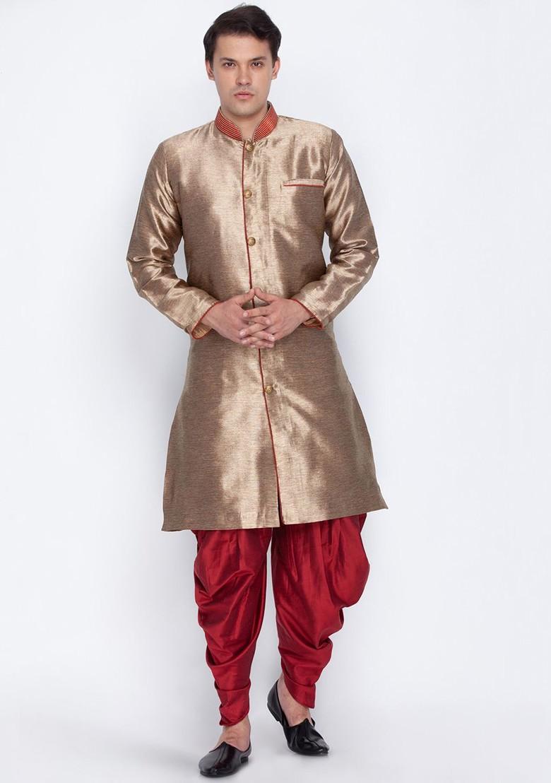 Bronze Solid Poly Blend Indowestern Sherwani Set For Men