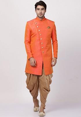 Orange Solid Silk Indowestern Sherwani Set For Men
