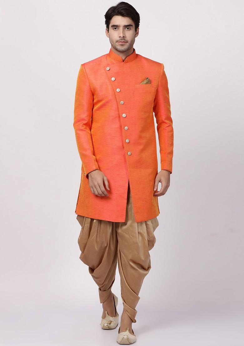 Orange Solid Silk Indowestern Sherwani Set For Men