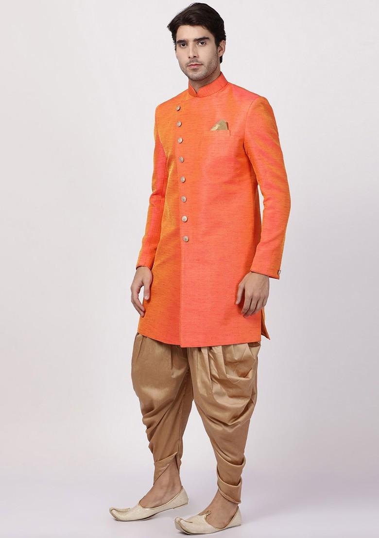 Orange Solid Silk Indowestern Sherwani Set For Men