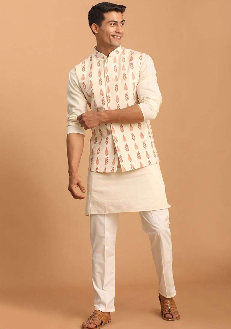 Cream Solid Cotton Kurta Set For Men - Indya