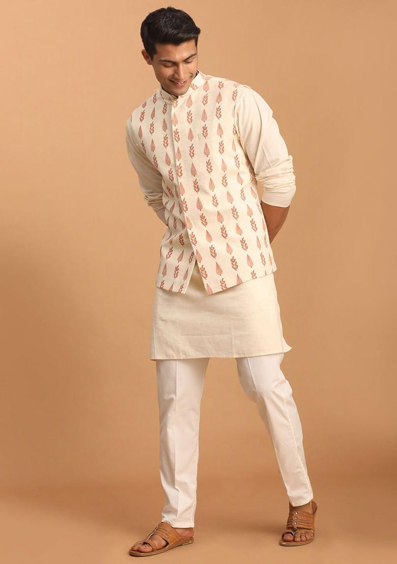 Cream Solid Cotton Kurta Set For Men