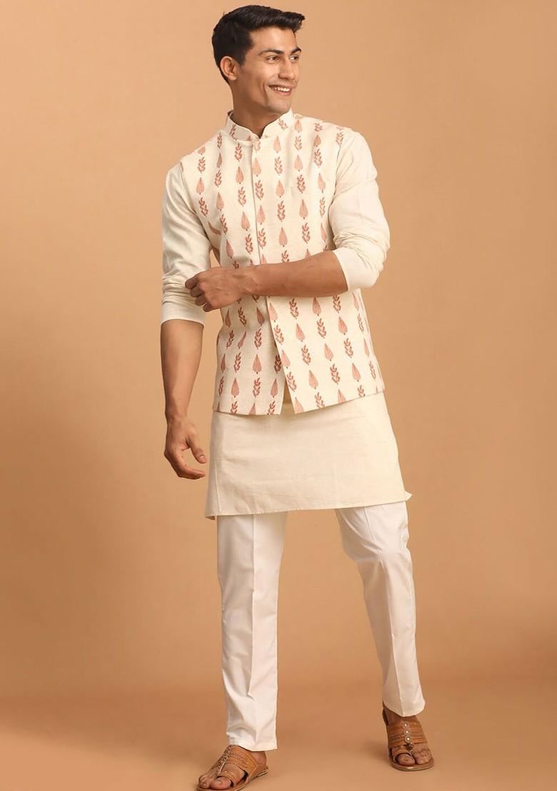 Cream Solid Cotton Kurta Set For Men