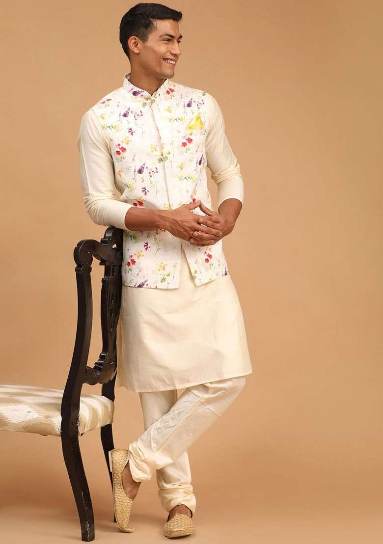 Cream Floral Print Poly Blend Kurta Set For Men - Indya