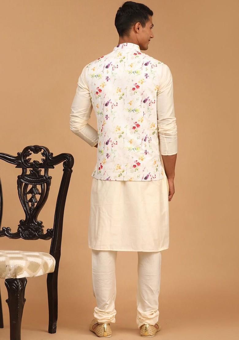 Cream Floral Print Poly Blend Kurta Set For Men