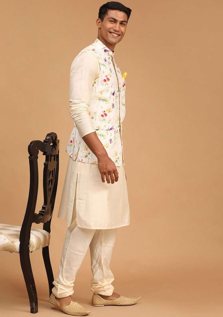 Cream Floral Print Poly Blend Kurta Set For Men - Indya