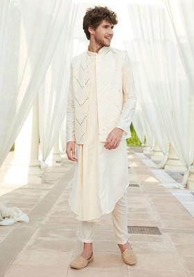 Cream Mirror Work Poly Blend Kurta Set For Men