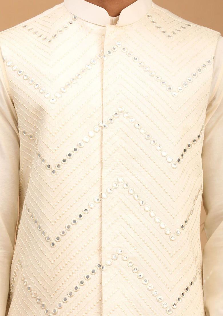 Cream Mirror Work Poly Blend Kurta Set For Men