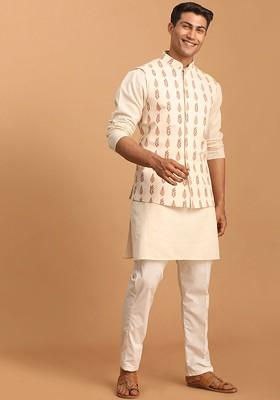 Cream Solid Cotton Kurta Set For Men